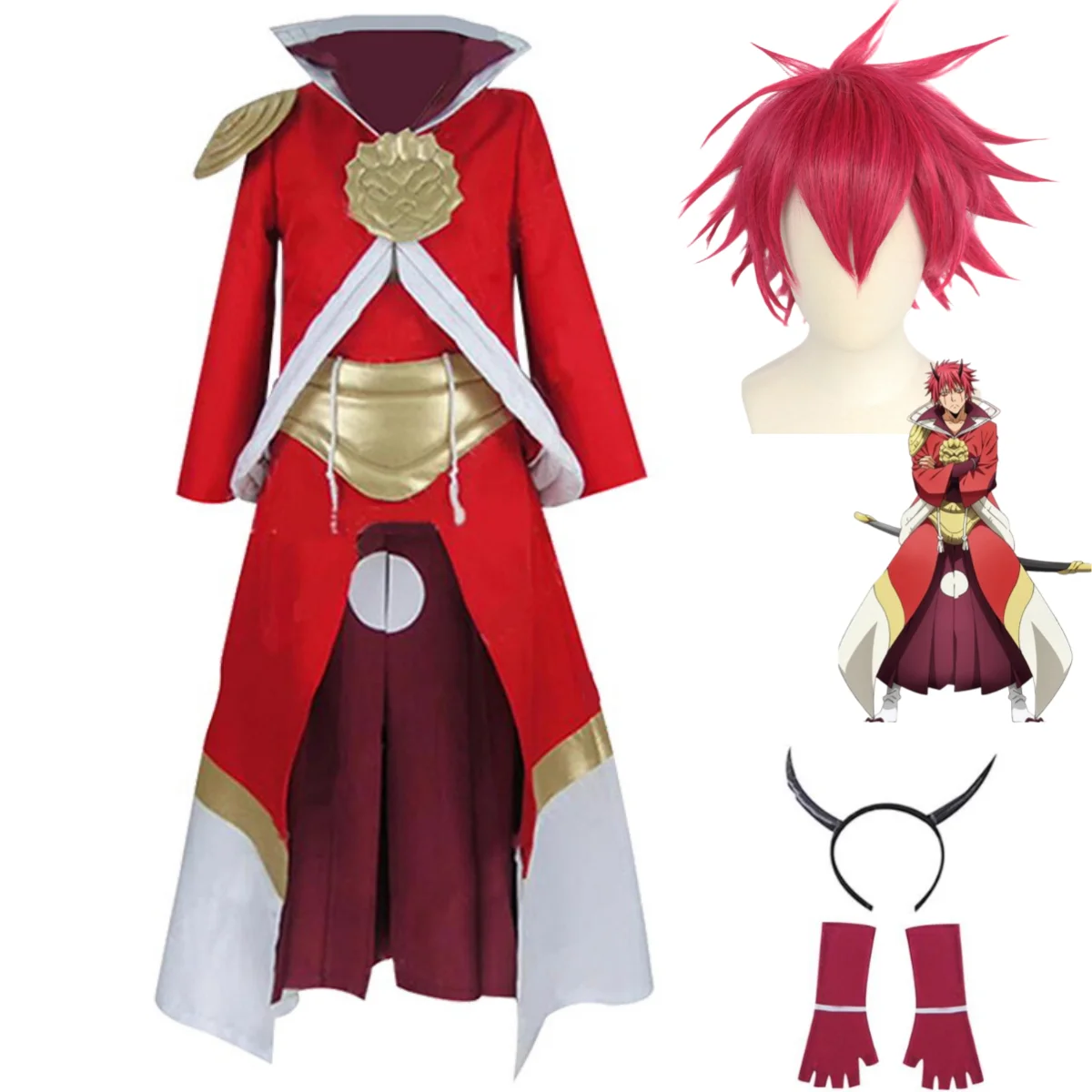 

Anime That Time I Got Reincarnated As A Slime Benimaru Cosplay Costume Wig Red Cloak Uniform Full Set Man Halloween Suit