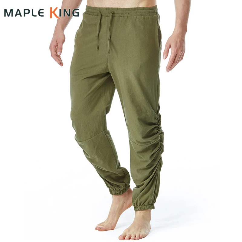Mens Trousers Jogging Coton Homme Vintage Linen Side Ruched Designer