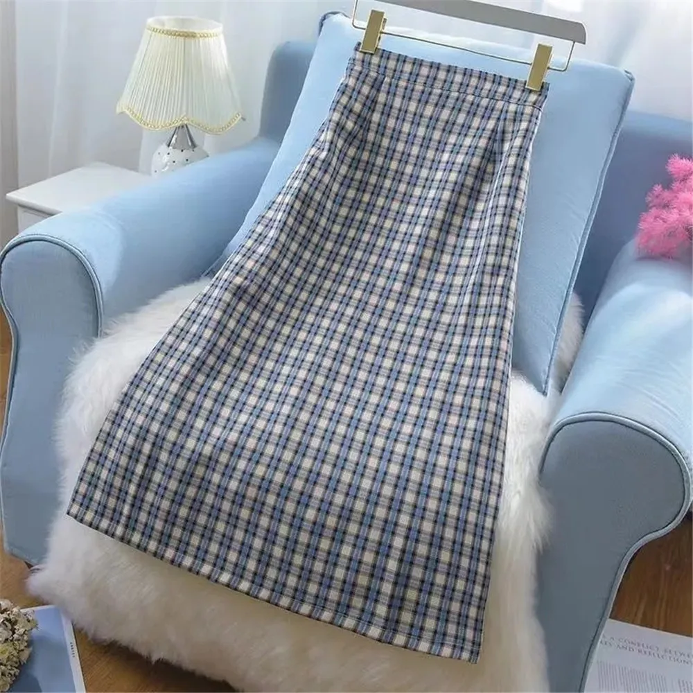 

Vintage Jk Plaid Side Split Bodycon Long Skirt Women High Waist Bottoms Streetwear Casual A Line Basic Ladies Midi Skirt Femme