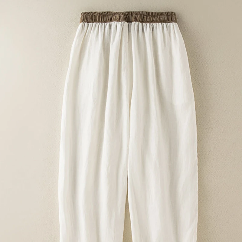 Summer New Elastic Waist Vintage Comfortable Haren Pants Women High Street Loose Pockets Bow Cotton Hemp Ankle Length Trousers