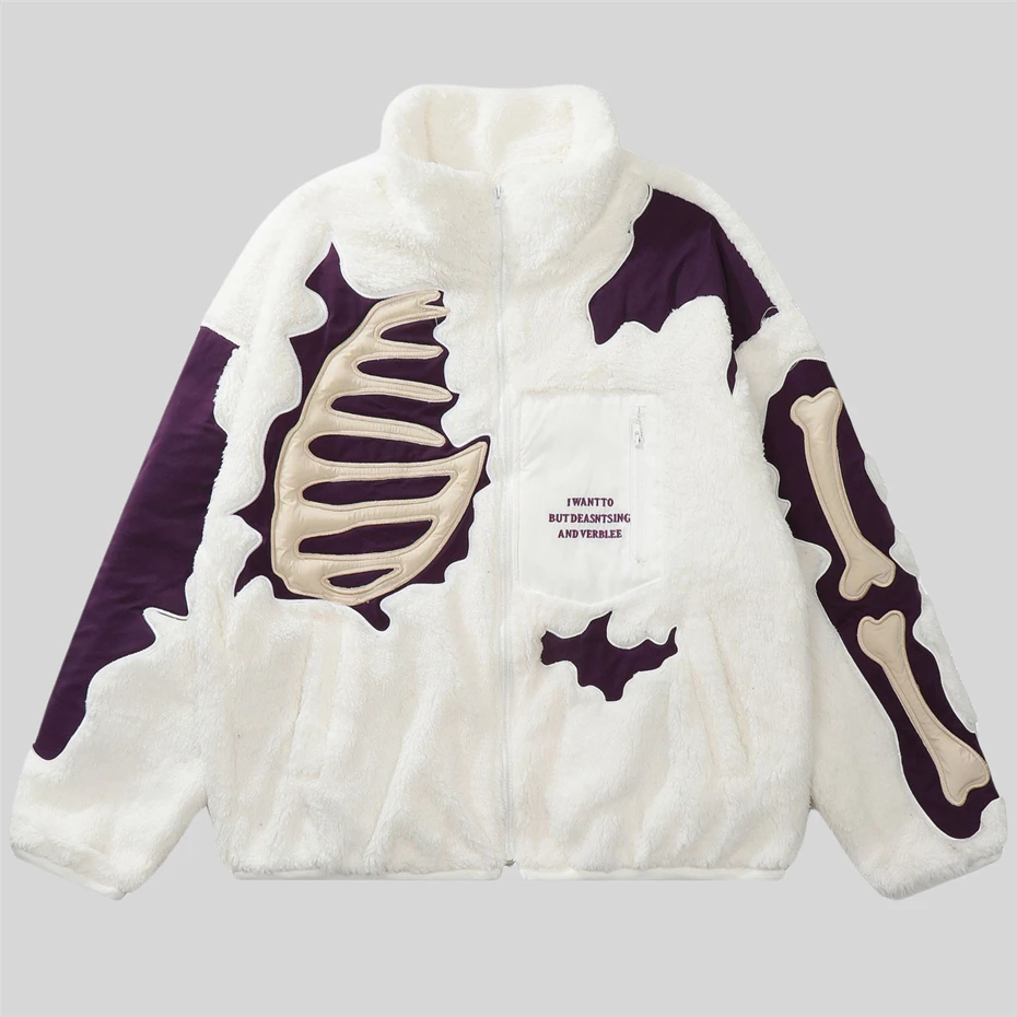 Skeleton Jacket Men Winter Fuzzy Lamb Fleece Jacket Coat Men Streetwear Hip Hop Oversized Harajuku Foam Print Patchwork Jackets 3