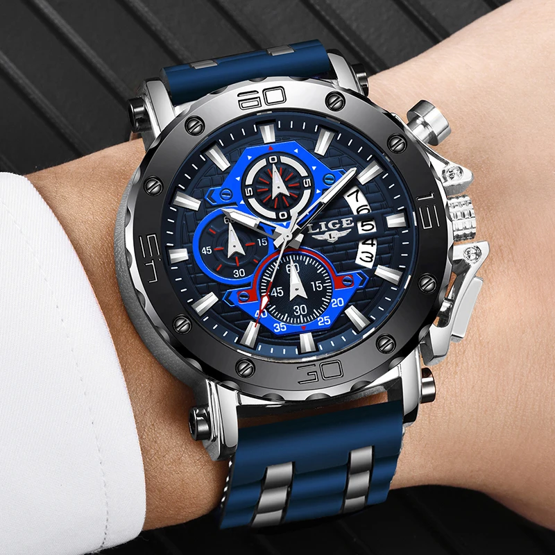 LIGE Top Brand Luxury Man Watch Waterproof Chronograph Luminous Date Wristwatch For Men Quartz Silicone Men's Watches Sprots