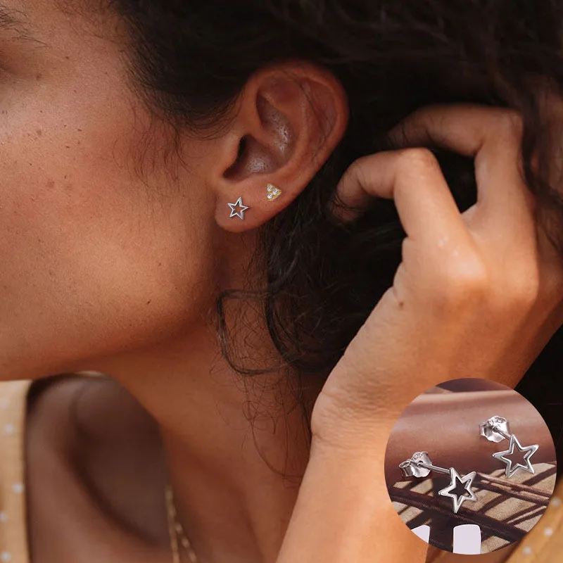 

100% 925 Sterling Silver Star Earrings for Woman Girl Simple Geometric Hollow Out Design Jewelry Party Gift Dropshipping