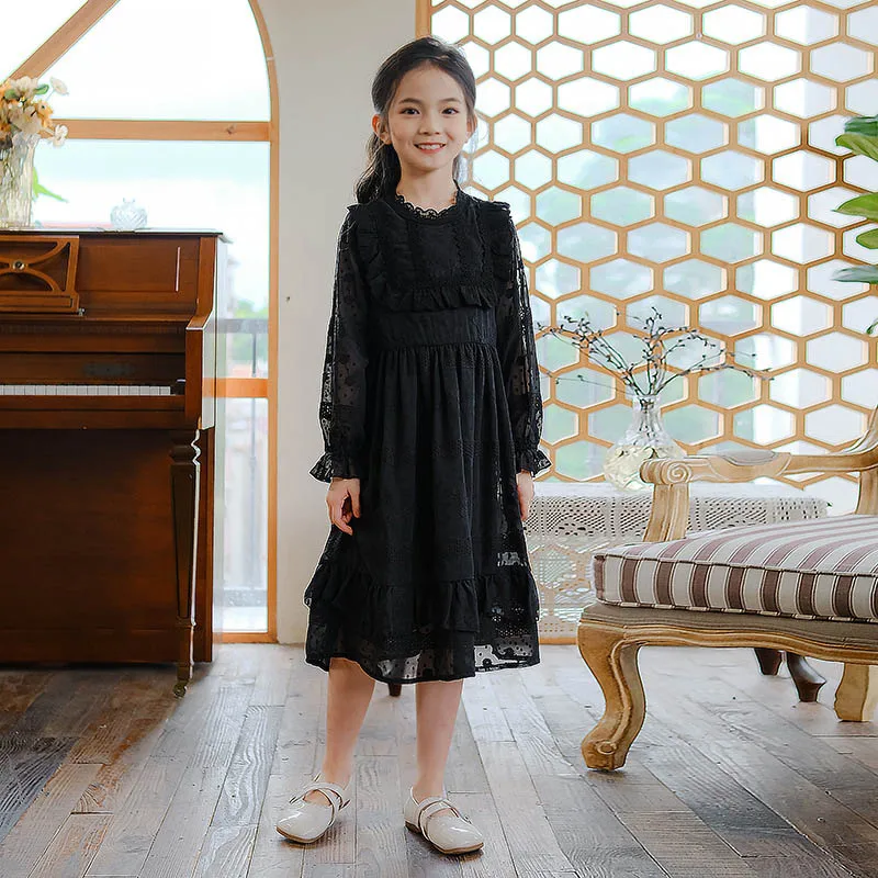 chinese dress ladies Melody Long Sleeve Girls Black Dress – A Little Lacey main image 0