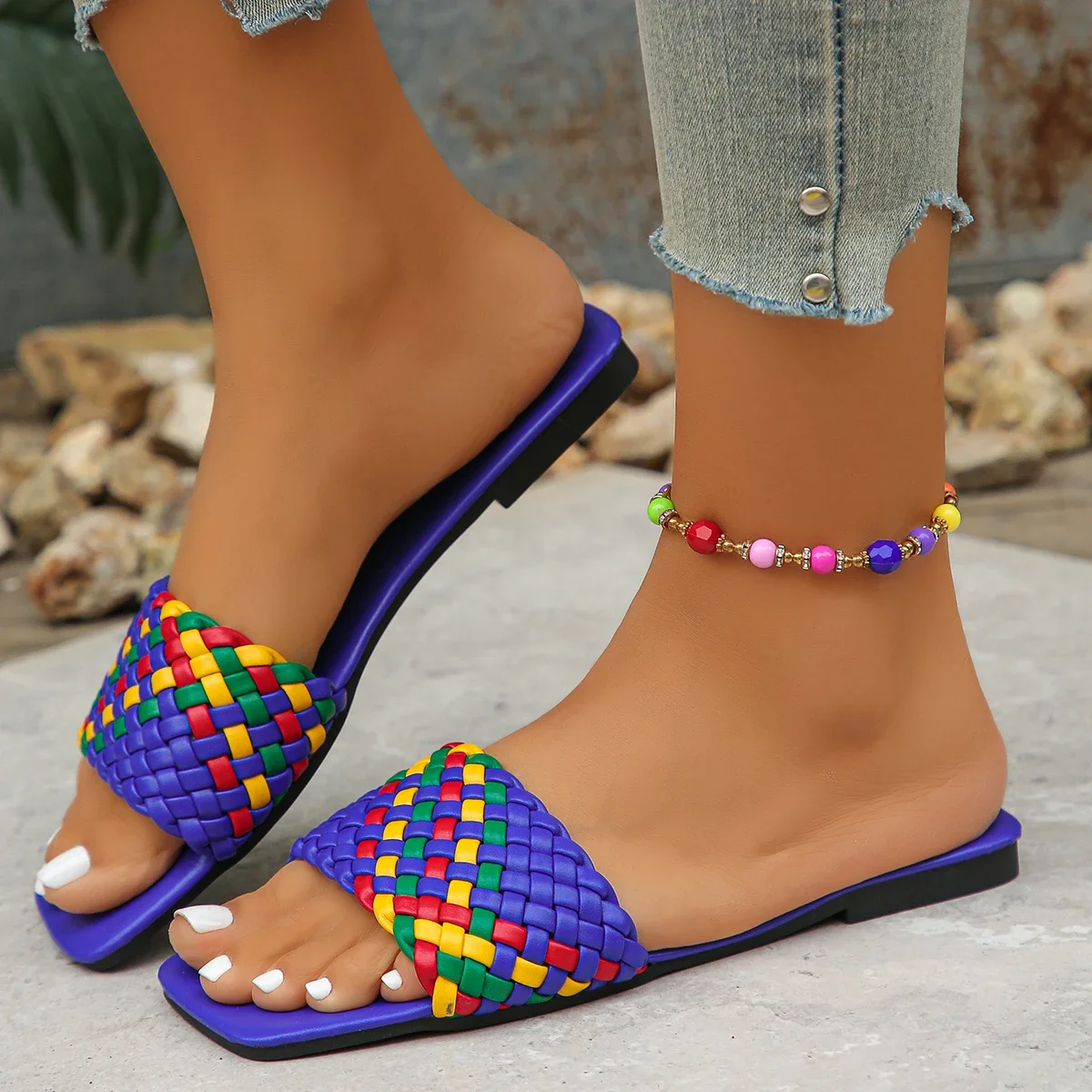 Women Slippers Summer Fashion Beach Mules Casual Indoor Home Slippers Selling Sexy Braided Square Toe Flat Sandals Slides Women 2