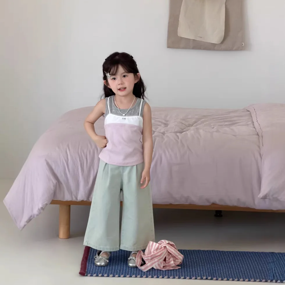 아동복 소녀 캐주얼 탑 한국 스타일 컬러 블록 니트 조끼 여름 새로운 유행 민소매 조끼 티셔츠