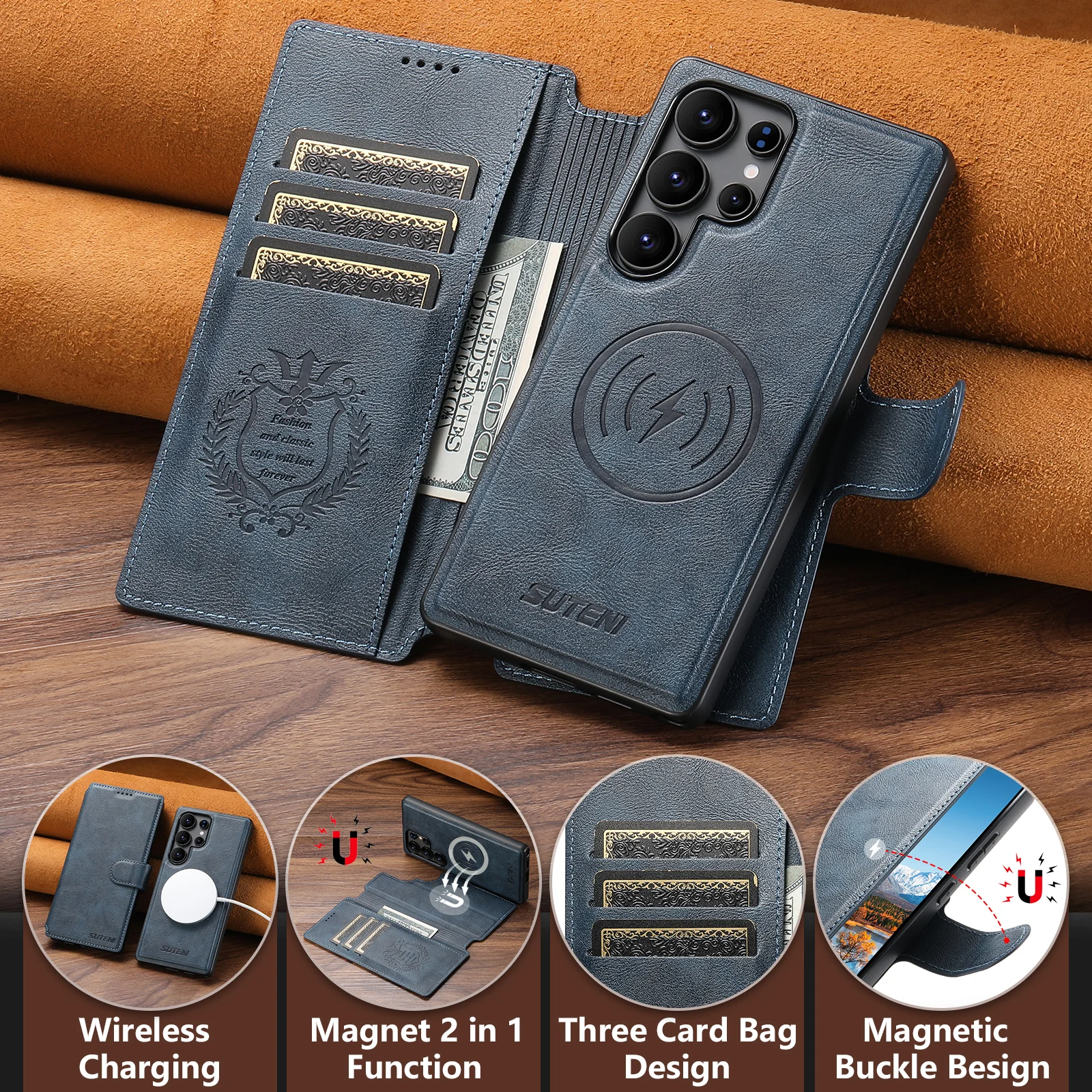 Premium 2-in-1 Flip Leather Wallet Case with Magnetic Card Holder & Wireless Charging Compatibility