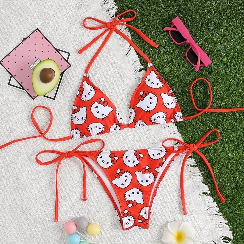 

Комплект бикини Hello Kitty, 2 шт., милый купальник Sanrio, новинка 2024, женские летние бикини Y2k, пляжные трусики на бретелях, сексуальный купальник для девушек