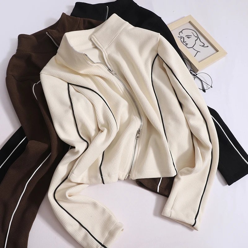 

Autumn Color Collision Jacket Women Stand-up Sollar Zipper Long-sleeved Coat Female Casual Fashion Slim Short Outerwear