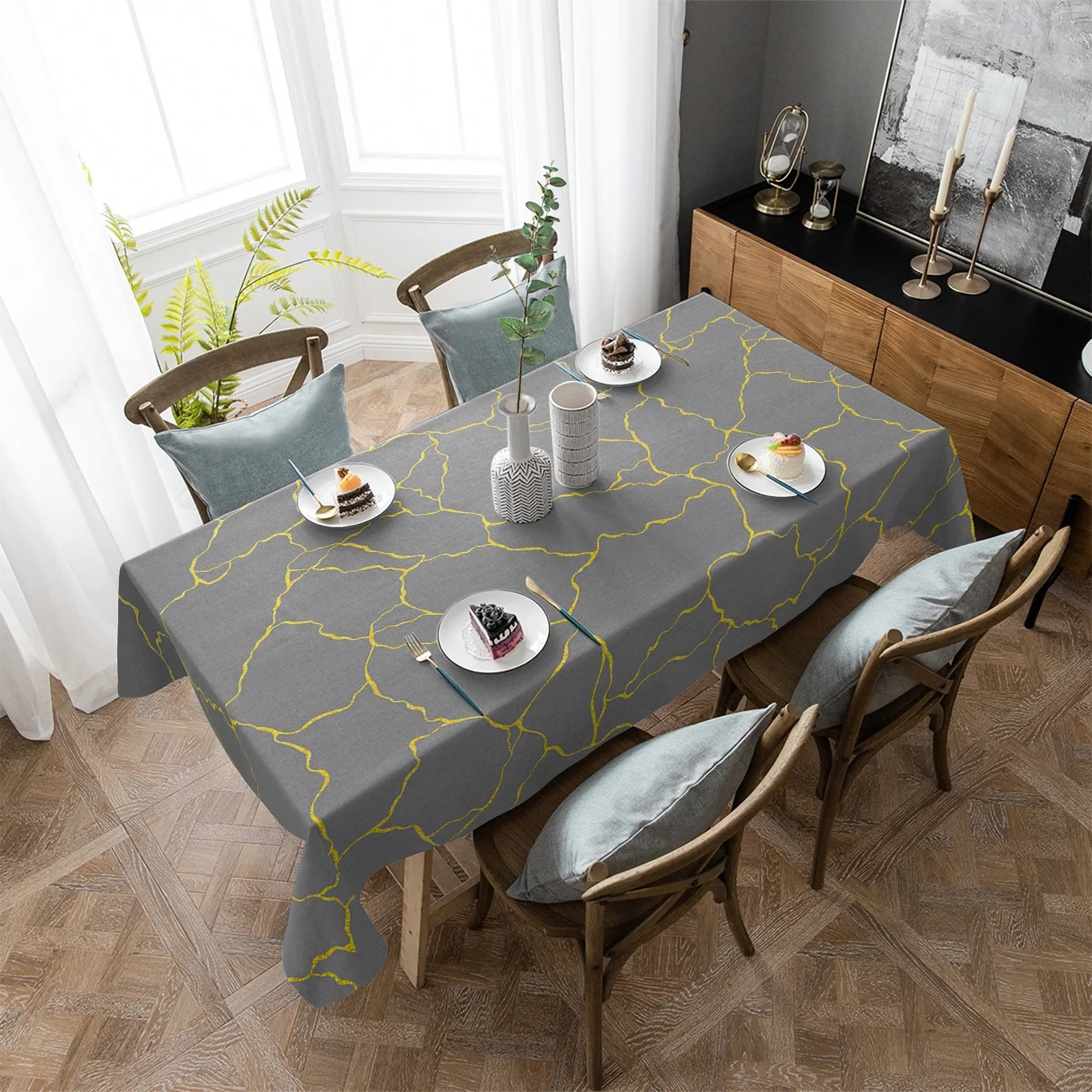 

Водонепроницаемая скатерть в виде геометрических линий, прямоугольная ткань серого цвета для кухонного стола, декоративные принадлежности