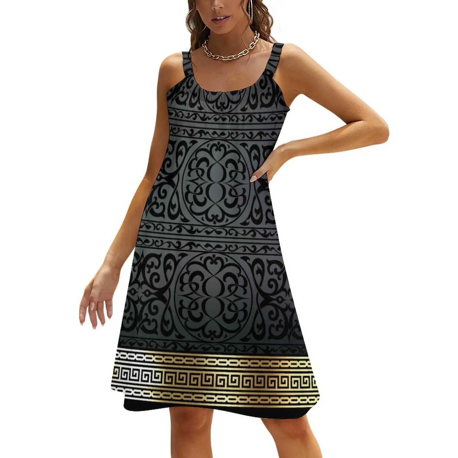 

Greek Key Ornate Black & Gold Beach Sling Skirt Casual dresses beach dress