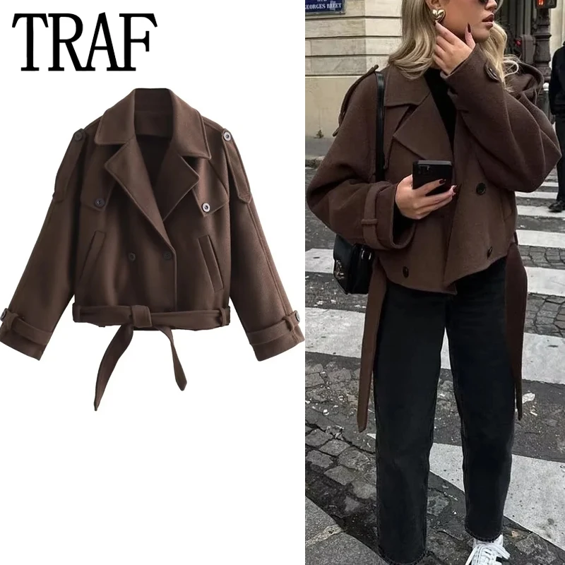 

TRAF Woman Trench Coat Brown Windbreaker Cropped Jacket Women Double Breasted Long Sleeve Short Coats Vintage Winter Jacket