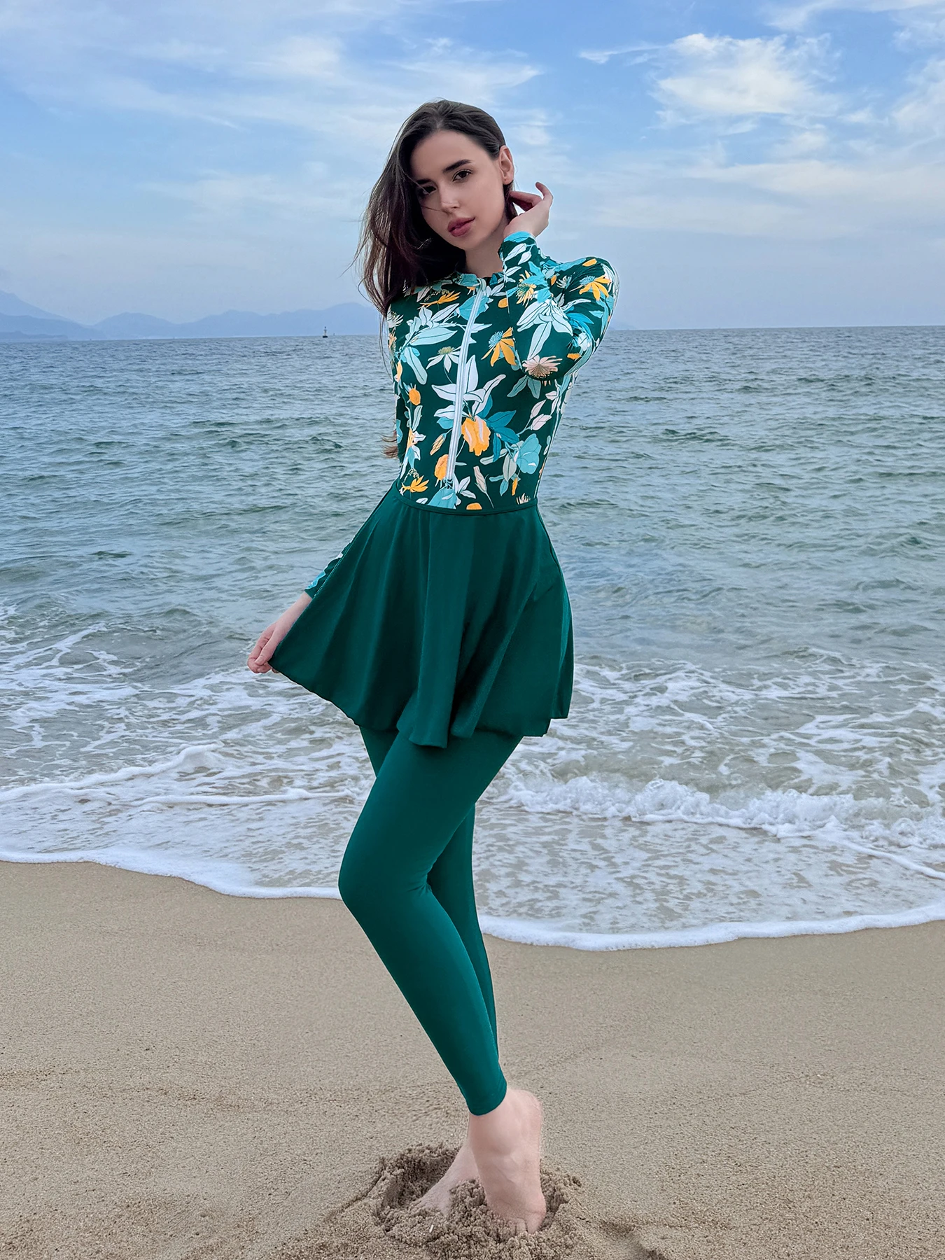Women's conservative swimwear; separate pieces to show slimness; long sleeves and trousers for full-body sun protection