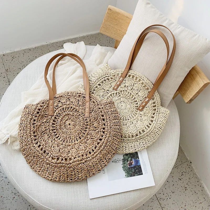 2023 New Summer Round Straw Rattan Bag Casual Handmade Woven Beach Totes Female Large Capacity Shoulder Bags Travel Handbag