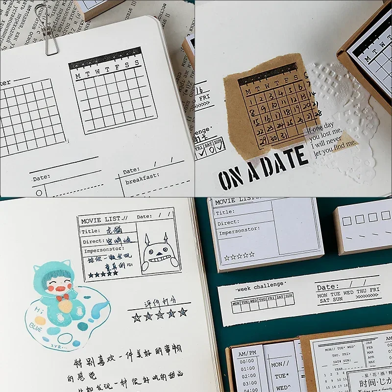 레코드 나무 고무 달 메모 주간 우표 목록, 빈티지 읽기 총알 장식 우표, 일기장 달력 스크랩북
