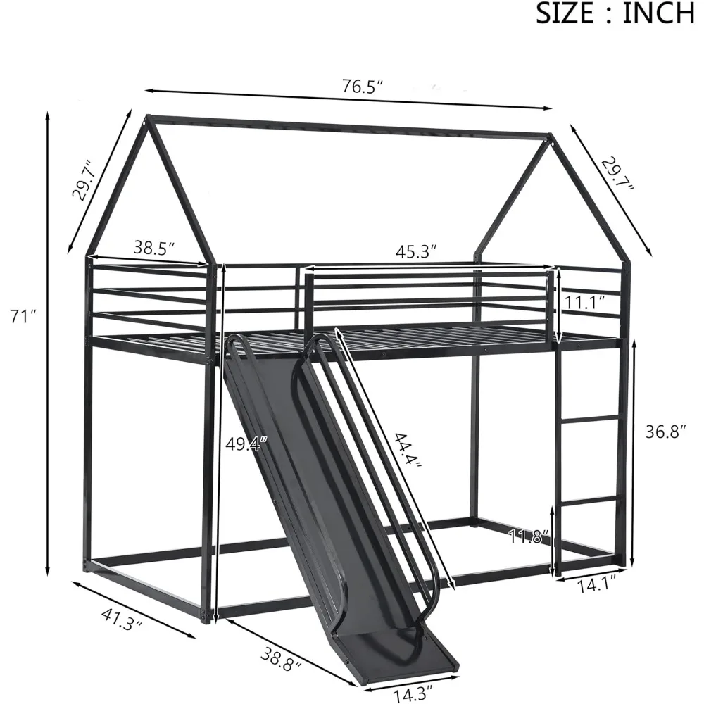 Twin Over Twin Metal Floor Bunk Bed with Slide,Metal Junior House Twin Size House Bunk Bed Frame with Ladder & Roof for Boy Girl 2