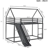 Twin Over Twin Metal Floor Bunk Bed with Slide,Metal Junior House Twin Size House Bunk Bed Frame with Ladder & Roof for Boy Girl 2