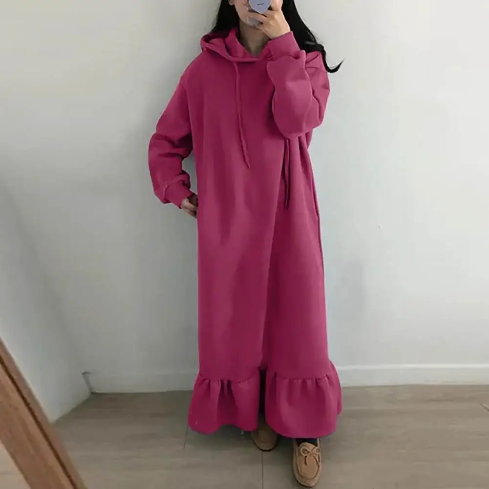 

Women Maxi Sweatshirt Dress Hooded Fleeced Solid Color Loose Sundress Autumn Winter Ruffles Long Hoodie Dress Streetwear Robe