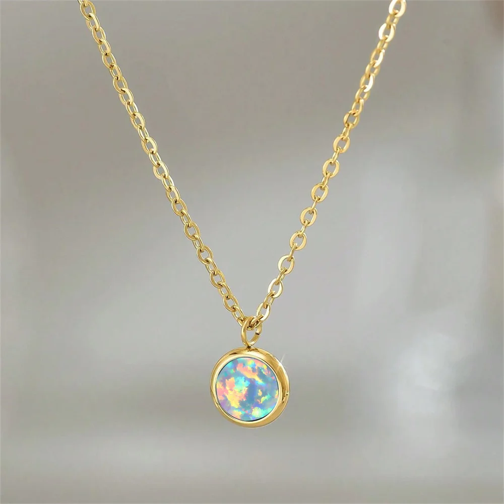 Blue White Opal Small Round Stone Pendant Rainbow Necklaces For Women Vintage Gold Color O Chain Wedding Jewelry Versatile Gifts