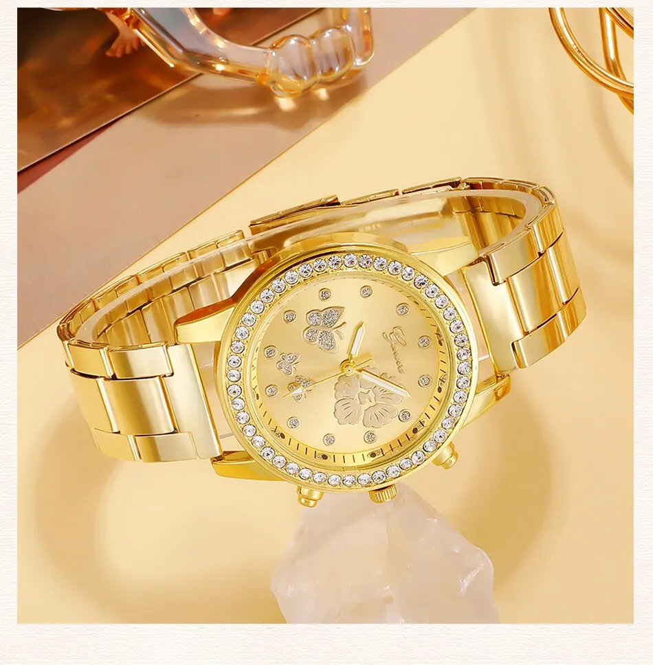 S286bdcab7d9143f0a2a08a0446c21be0V 6PCS Set Gold Luxury Watch Women Ring Necklace Earring Rhinestone Fashion Wristwatch Casual Ladies Bracelet Watches Montre Femme Mallzona
