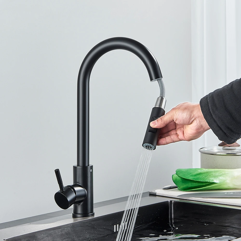 Robinet de cuisine noir à une poignée, mitigeur extractible à deux fonctions, robinets d'eau chaude et froide montés sur le pont