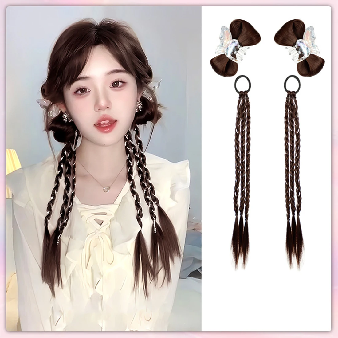 

1Set Y2K Wig Braid Bows Hair Clips Hair Ring Set Sweet Cool Girls Bow Hairpin Fashion Hair Clips Hair Accessories For Women
