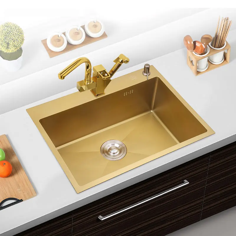 Brushed Gold Single Sink Bowl 30 Inch 9 Gauge Kitchen Sink Sus304 Stainless Steel Kitchen Towel Undermount Basket Strainer