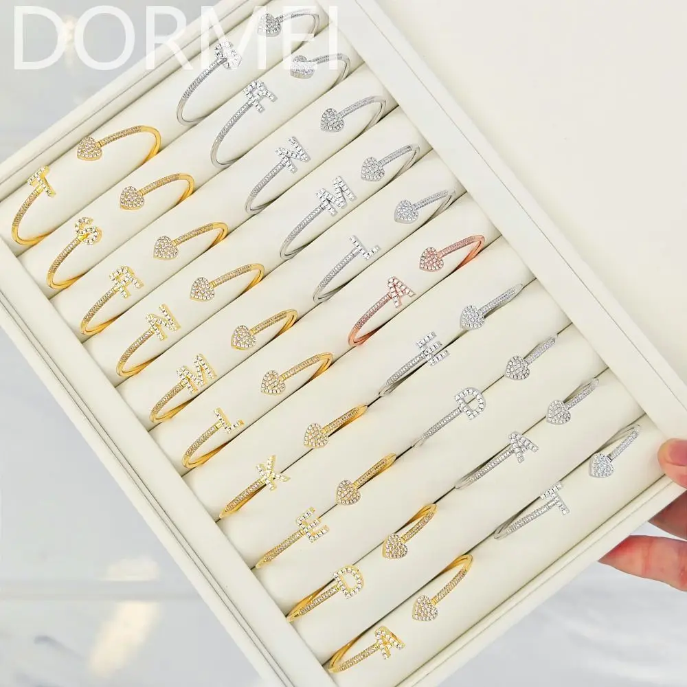 DOREMI New Bangle Full Zircon Letter Heart Bracelet Initial Name Crystal Mirco Setting Bar Cuff Bangle Mother's Day Gift Bangle
