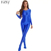 Women Shiny Oil Long Sleeve Full Body Unitard Bodysuit Pantyhose Jumpsuit Bodystocking Yoga Gymnastics Shapewear Catsuit Tights