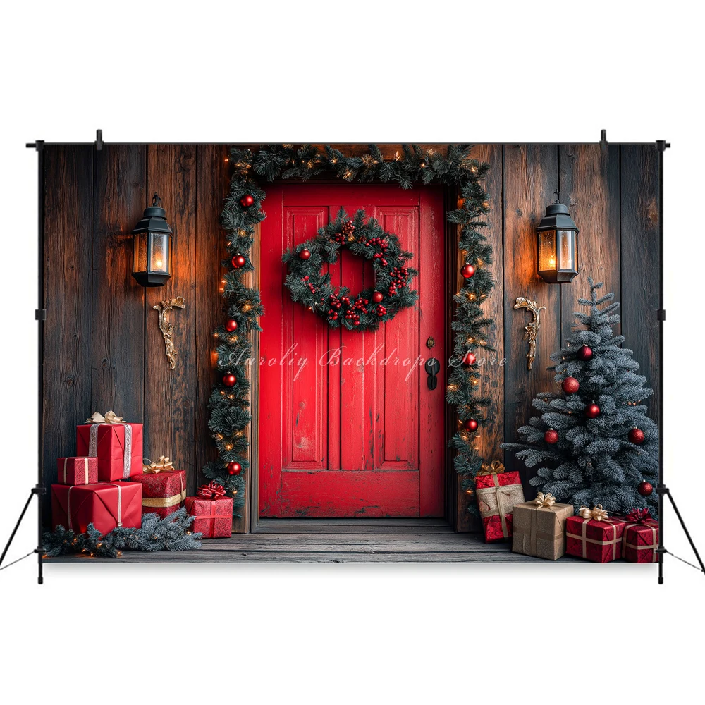 Laeacco Weihnachts-Fotohintergrund 3 X 2,2 M – Vintage Holztür Mit Weihnachtsbaum, Vinyl, Für Studio & Party