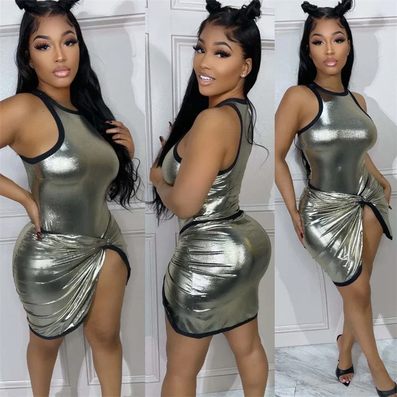 

Y2K Metallic Sexy 2 Piece Skirts Sets Women Summer Tank Bodysuits Top Twist Asymmetrical Bodycon Mini Skirt Night Clubwear Suits