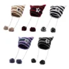 Y2K Japan Designer Handmade Pentagram Wool Beanie Hat Ladies Autumn Spring Warm Cat Ear Knit Stripe Beanie Cap with Pompom 1