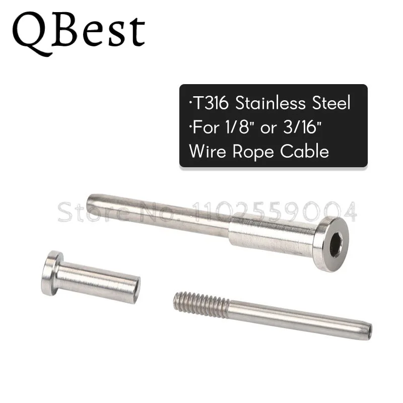T316 Stainless Steel Swage Fittings For 1/8" Cable Railing - Threaded Tensioner Ends, 3-7/8" Long