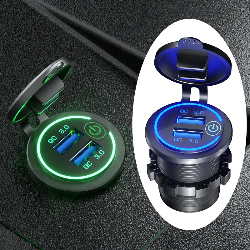 Dual USB Fast Car Charger with Touch Switch & LED Light - Waterproof QC 3.0 Power Outlet