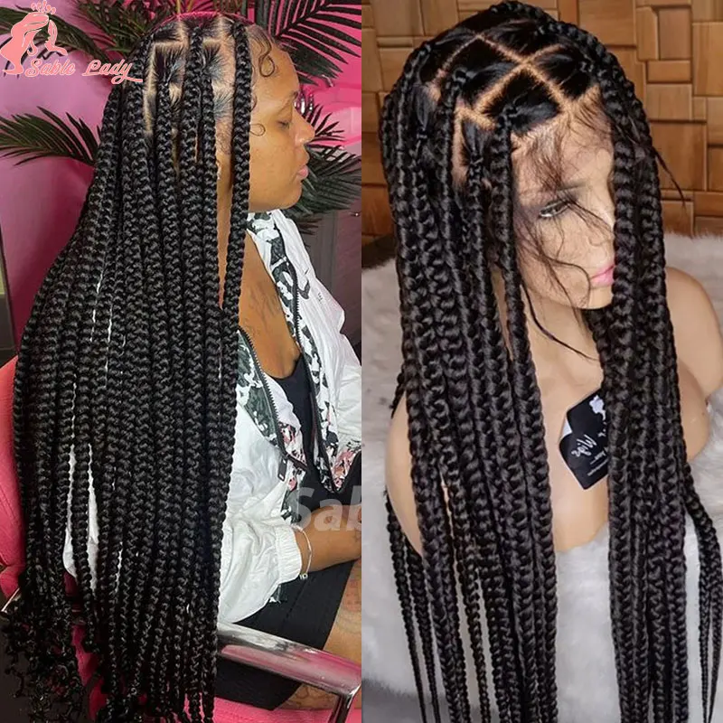 Synthetic Knotless Box Braided Wigs For African Black Women Large Box Full Lace Wigs 36" Cornrow Lace Frontal Braiding Hair