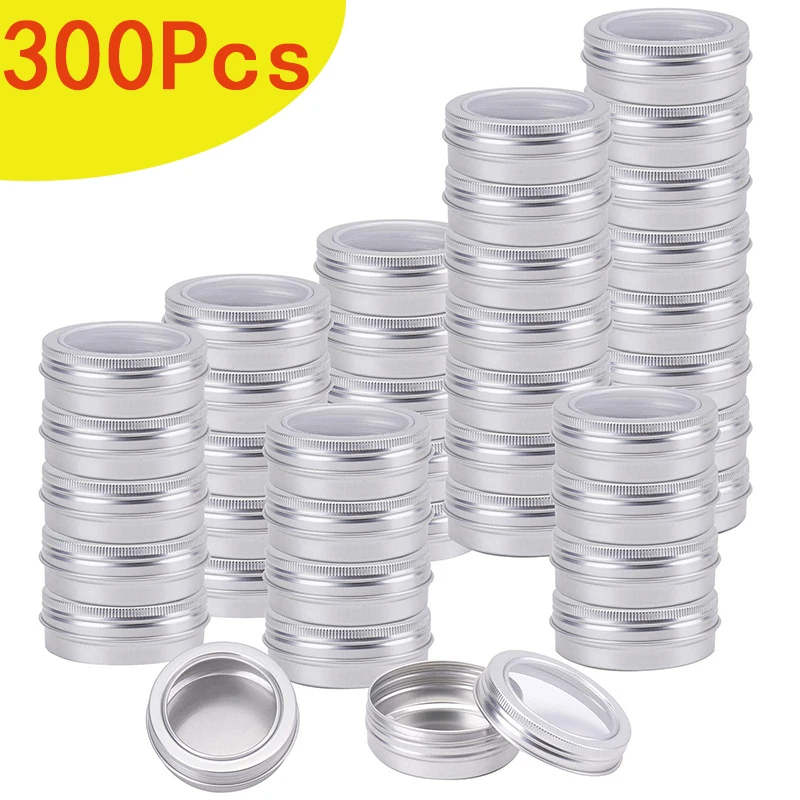 

300Pcs 15ml Round Tins Screw Top Tin Cans with Clear Window Silver Metal Spice Containers Aluminum Travel Storage Jars