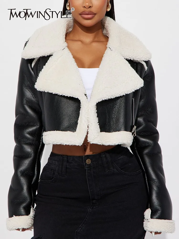 

TWOTWINSTYLE Hit Color Leather Coats For Women Lapel Long Sleeve Autumn Patchwork Zipper Streetwear Jackets Female Fashion 2023