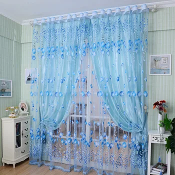 Romantic Tulips Window Voile Curtain Creative Floral Translucent Tulle Door Drape - 3 Colors for Choice 1*2meter 1