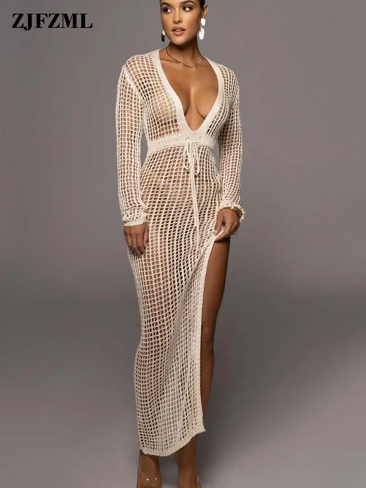 

Summer Crochet Knitted Cut Out Beach Long Dress Women Summer Drawstring High Waist Long Sleeve See Through Swimwear Cover Ups