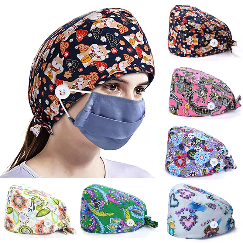 

35 Styles Elastic Lace-up Closure Print Surgical Nurse Hat With Boutton Tie Back Soft Beauty Salon Dental Clinic Doctor Caps