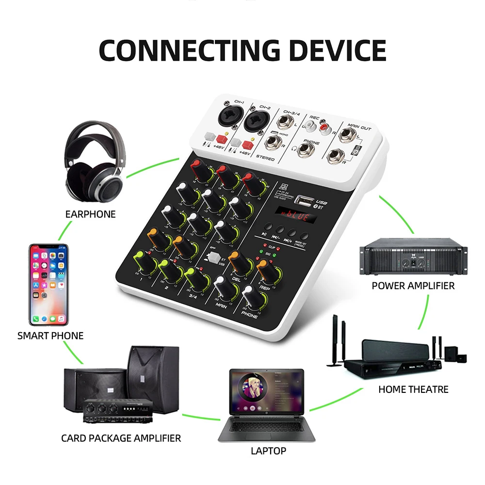 V4 V8 4/8Channels Audio Mixer Bluetooth USB 48V Phantom Power Delay Repaeat Effect For Sound Mixing Console PC Recording audio mixer