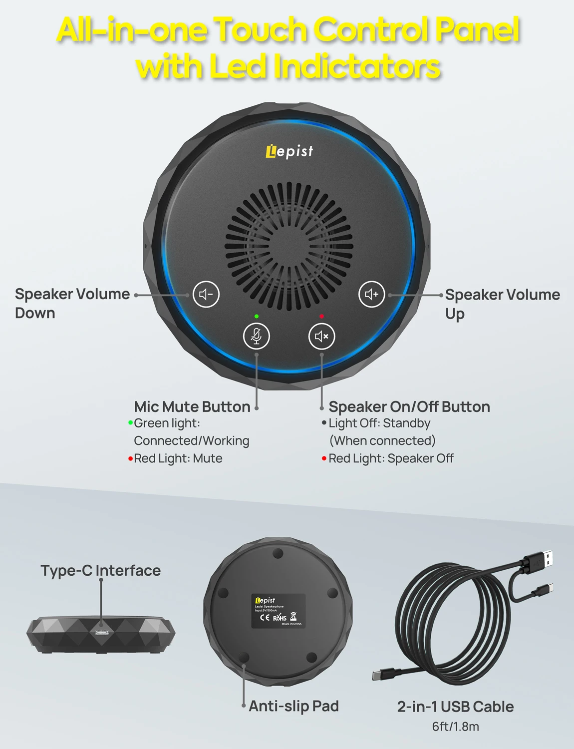 USB&Type-C 스피커폰 스피커 마이크, 터치 버튼 360 °   회의용 무지향성 픽업 Skype Zoom 컴퓨터 마이크