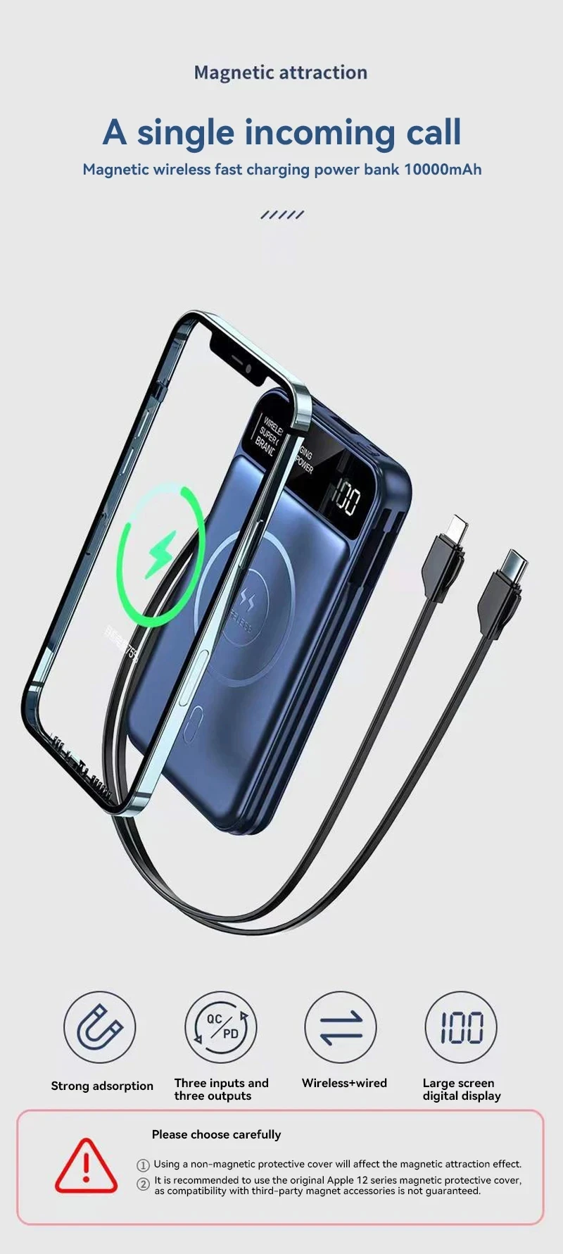Xiaomi 50000mAh Power Bank Wireless Charging Magsafe Power Bank Magnetic Charging Built-in Cable For Iphone Huawei Samsung 6