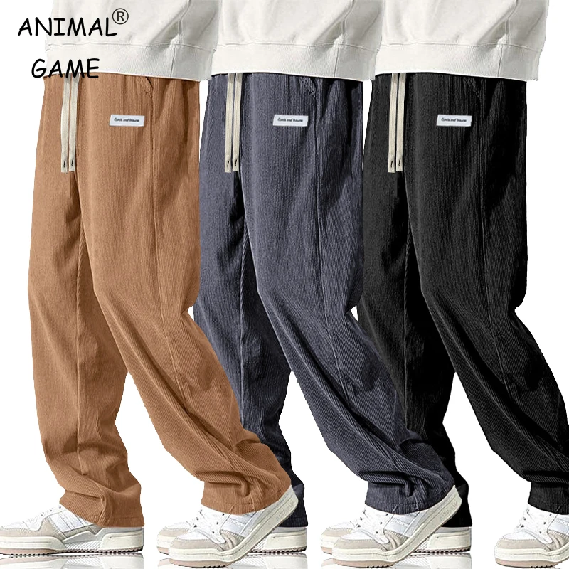 Autumn Mens Corduroy Baggy Pants Wide Leg Casual Pant Elastic Waist Drawstring Sweatpants  Loose Work Pants Breathable Outerwear