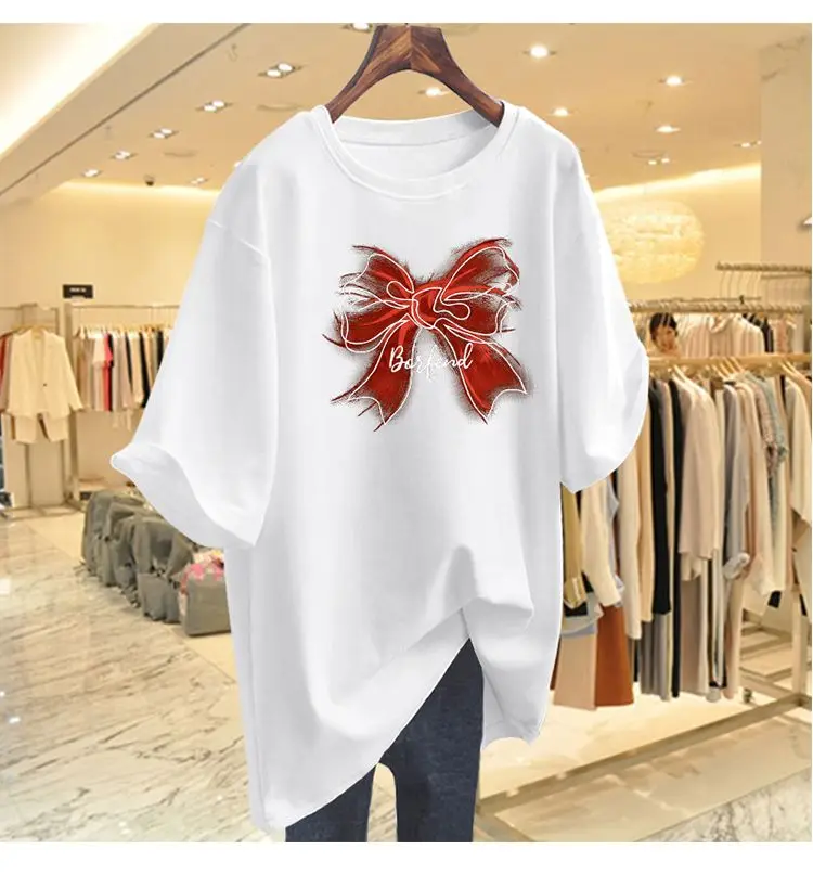Women Clothing Vintage Loose Casual Basic T-shirt, Fashion Y2k Bow Short Sleeve Tees, Summer Cartoon Printed Cotton Pullovers