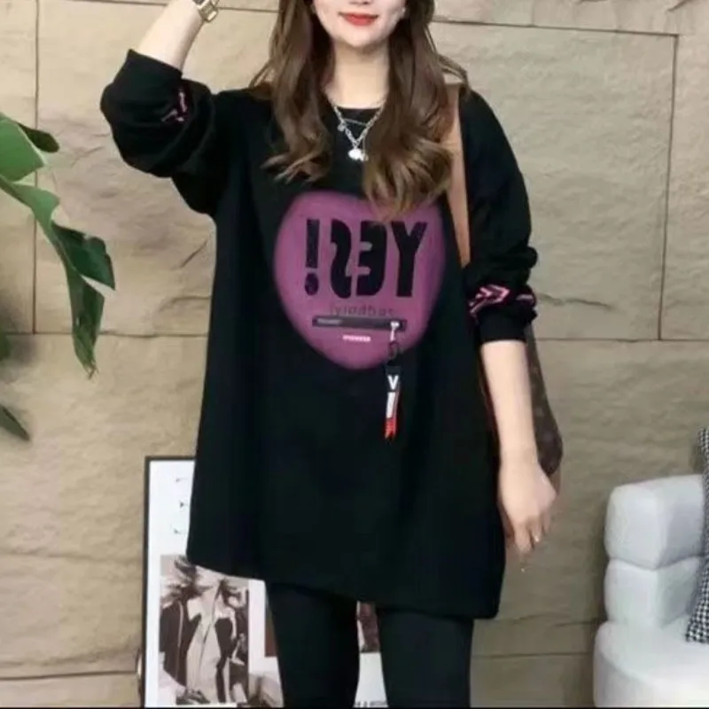 Spring Autumn New Long Sleeved Sweater Women's Korean Fashion Loose Pullover Round Neck Printed Letter Chains Zipper Pocket Tops
