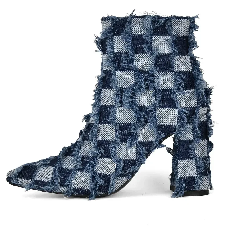 

Luxury Denim Jeans Blue Black Checker Checked Pointed Toe Block High Heels Winter Warm Women Shoes With Fringes Goth Short Boots