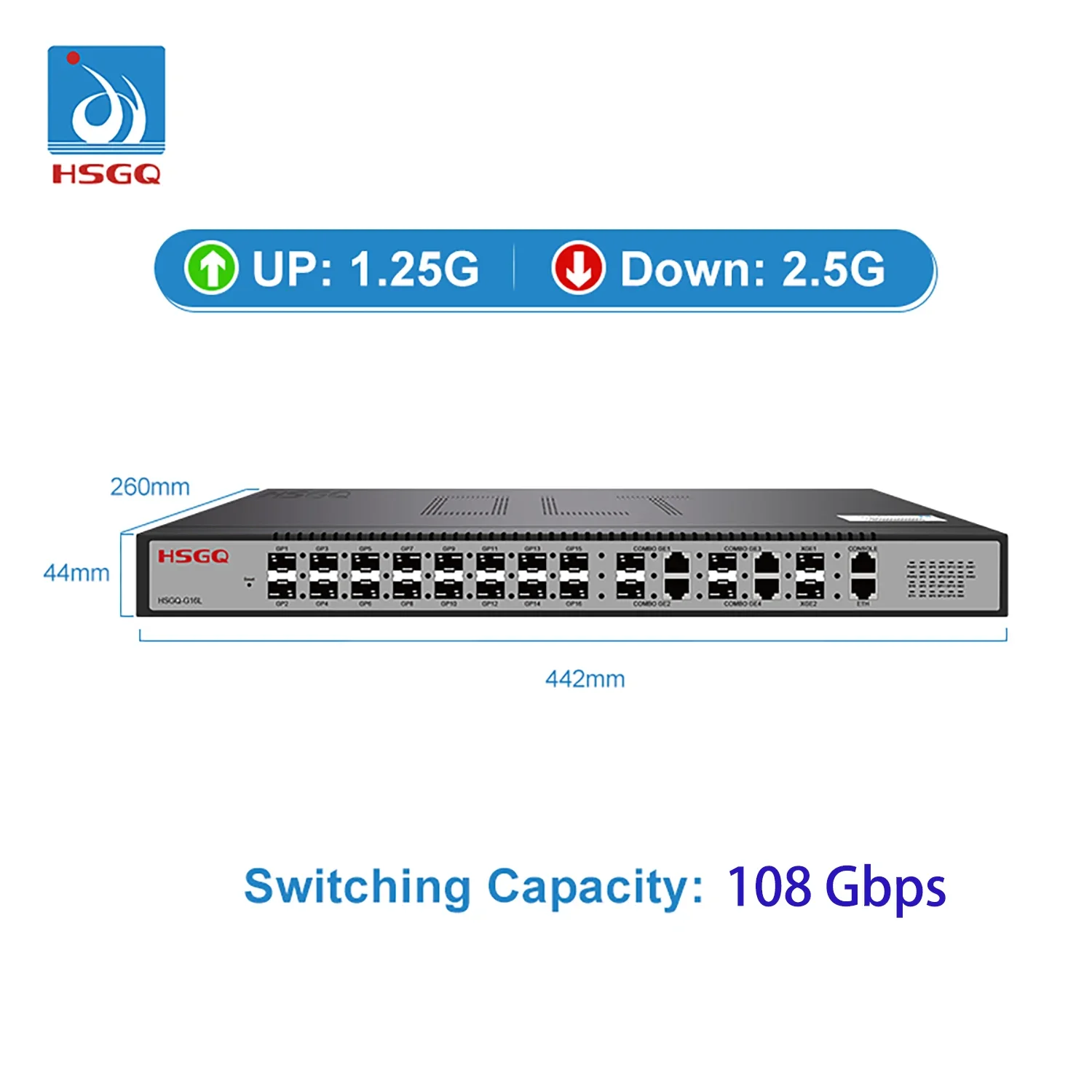 HSGQ-G16L 16 PON Ports GPON OLT 4 GE combo ethernet ports,  2SFP+(10GE) optical uplink ports, 16 GPON OLT