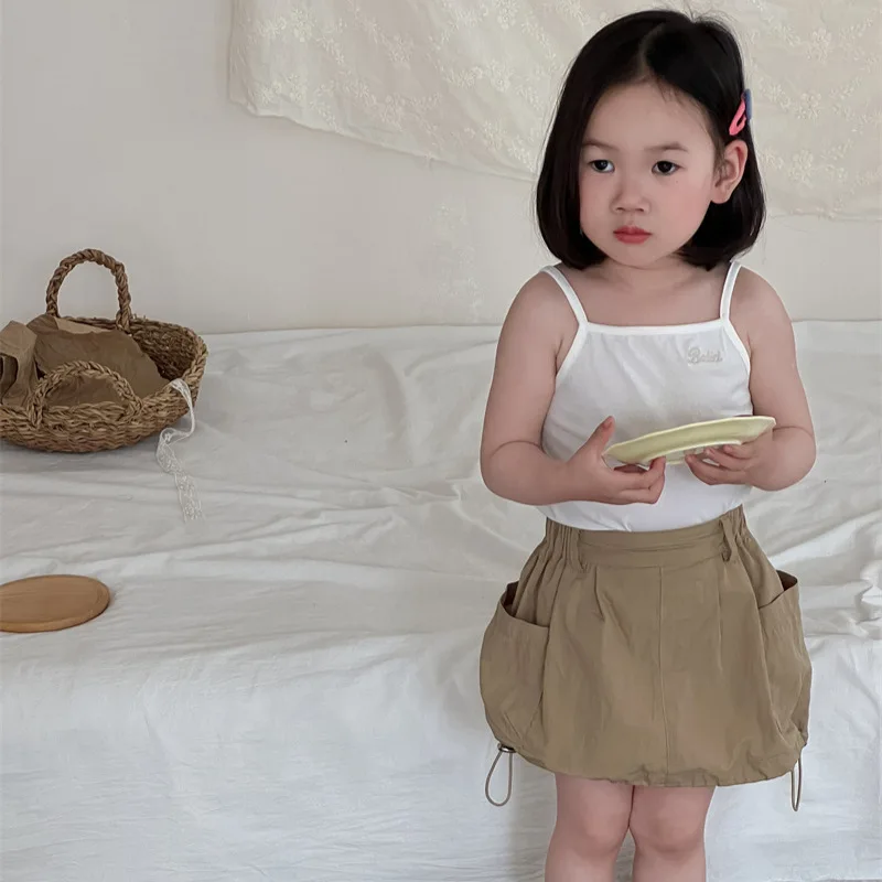 Summer Korean Sweetheart Side Pocket Skirt Children's Solid Color Skirt kids clothes