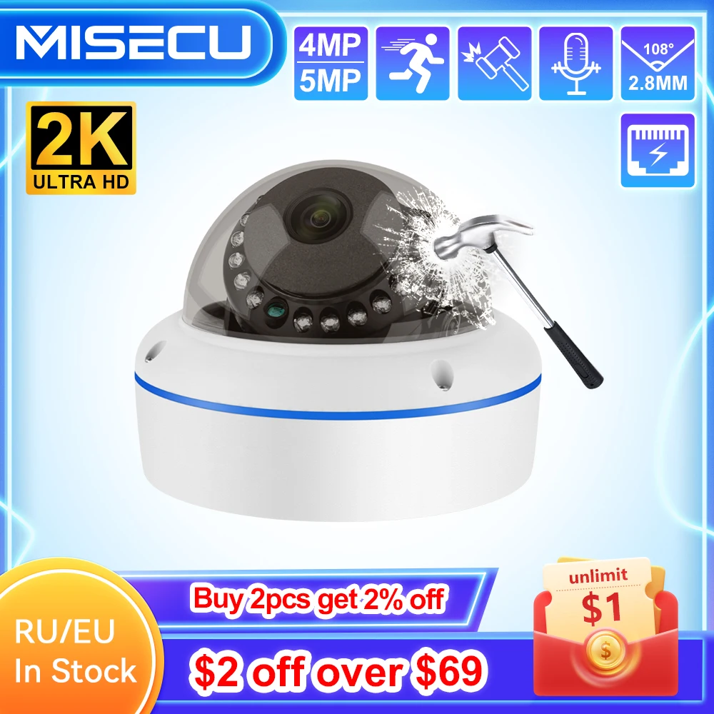 MISECU Super HD 5MP 4MP H.265 Surveillance IP POE Camera Microphone Dome Indoor Video Security Home Camera Metal Email Push P2P